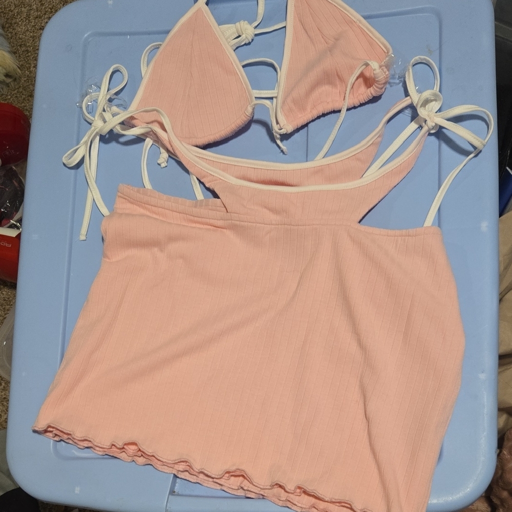 Pink Ribbed Faux Bikini 2 Piece Skirt Set